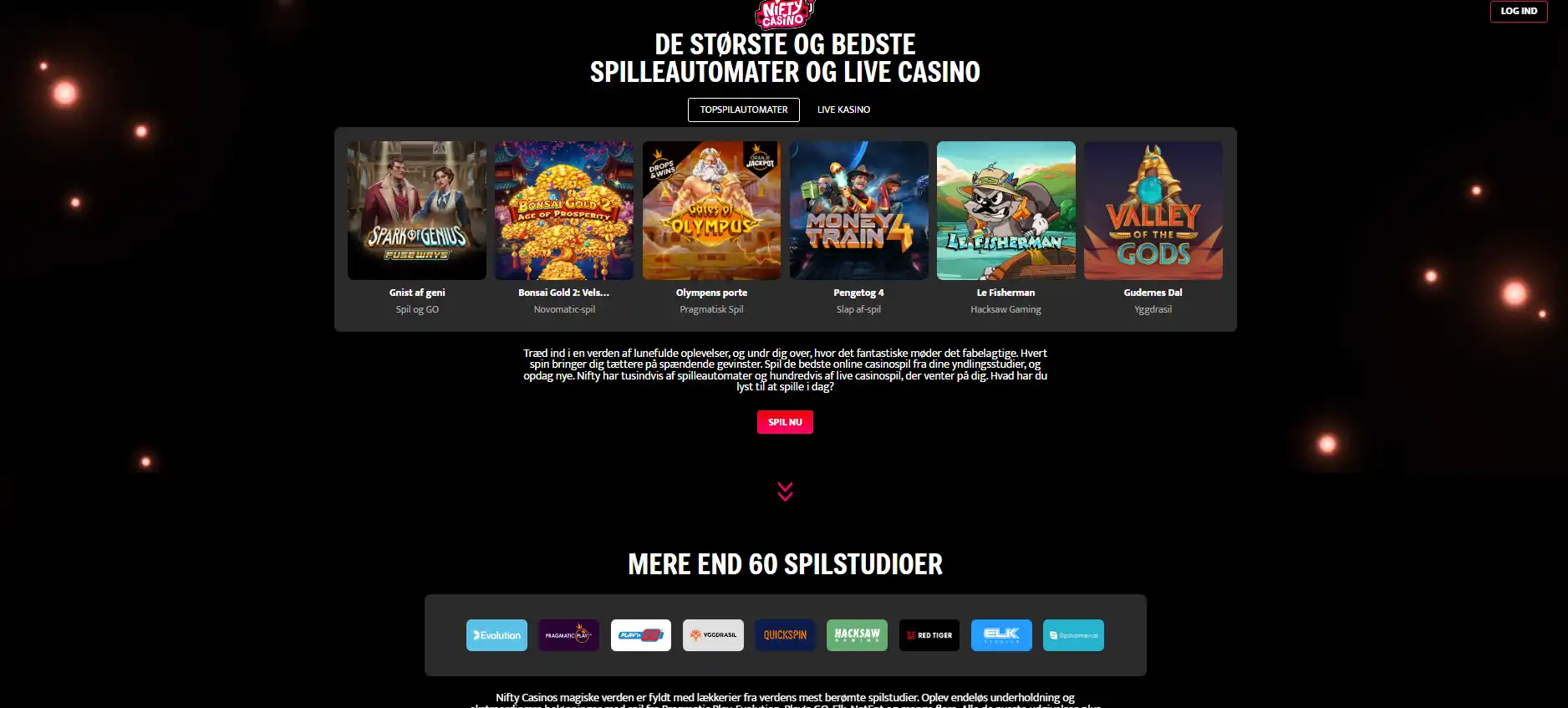 Nifty Casinos spilspiloversigt med kategorier og spiludbydere