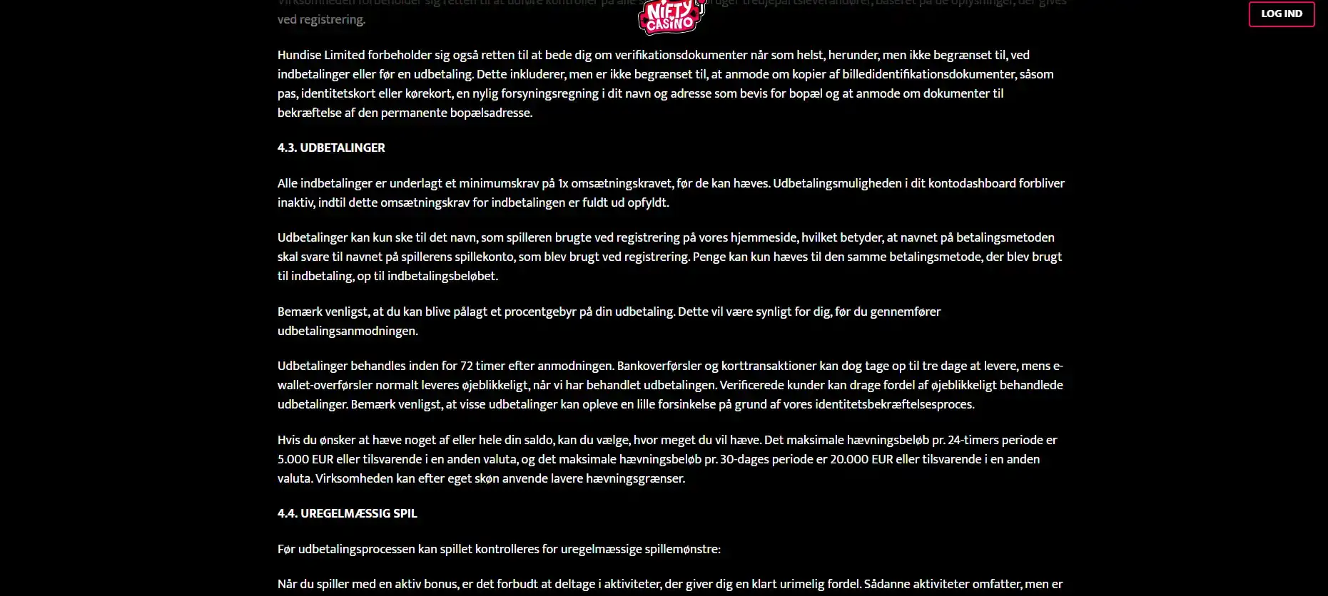 Afsnit i Nifty Casinos vilkår om udbetaling og grænser