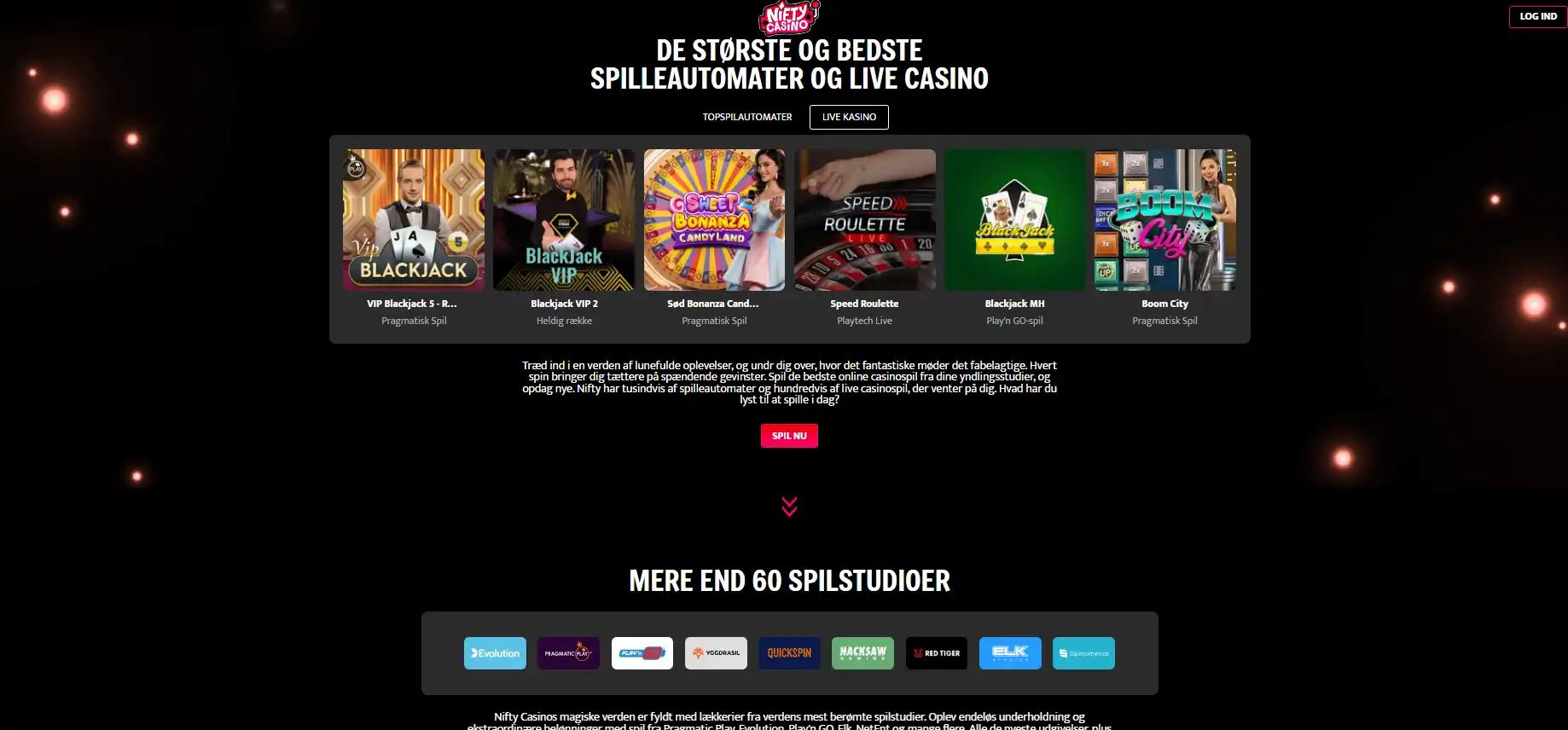 Nifty Casinos livekasinospiloversigt med bordspil og spiludbydere