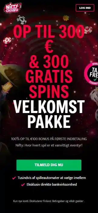 Nifty Casinos hjemmeside vist på en mobil enhed