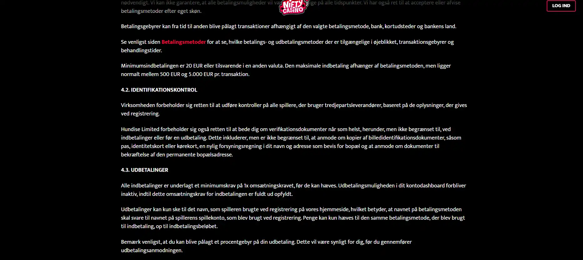 Nifty Casinos officielle vilkår eller registreringsflade med oplysninger om identitetskontrol