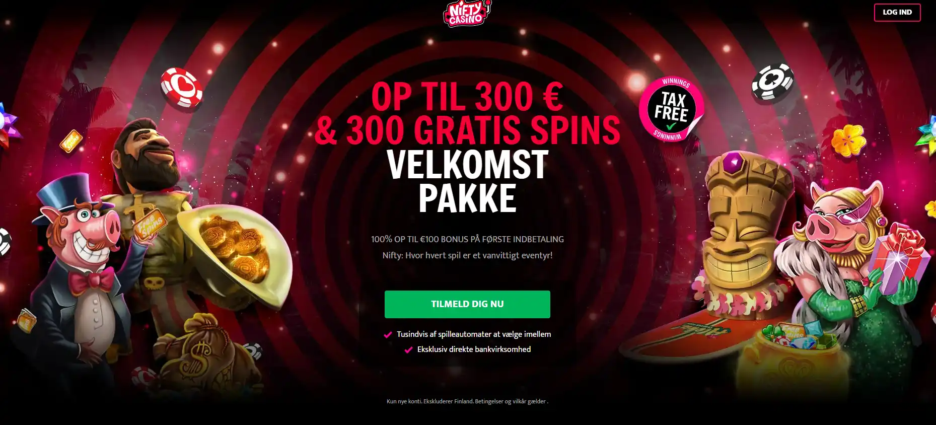 Nifty Casinos forside med navigation og kampagnefelt