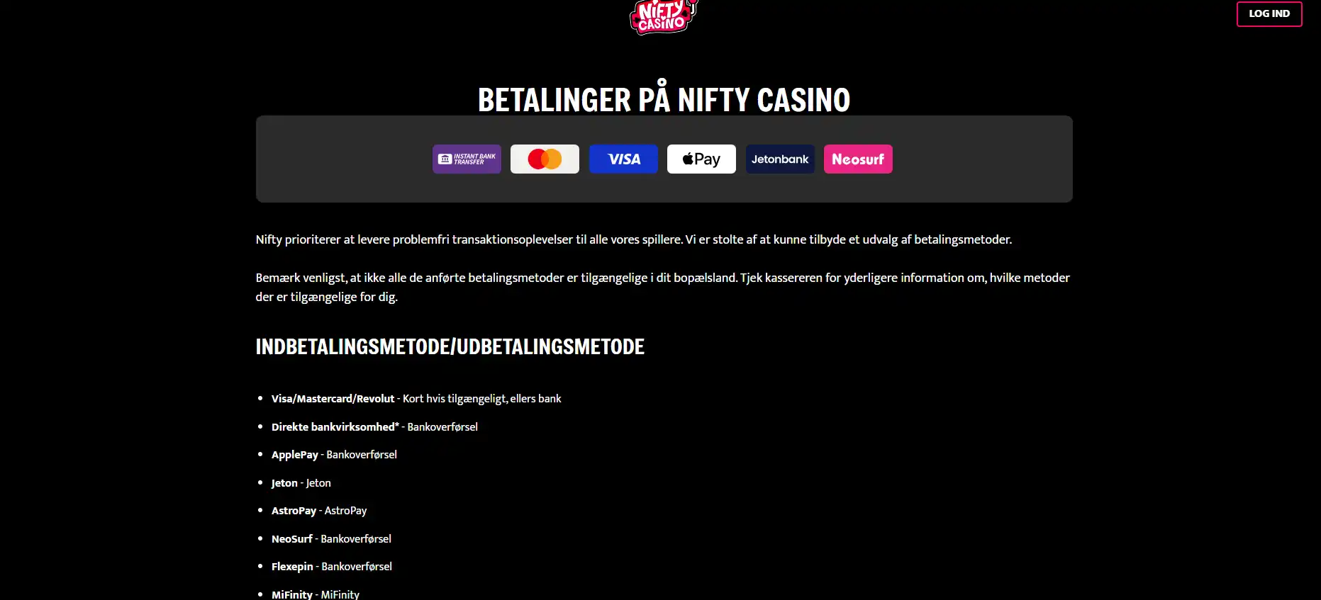 Betalingstabellen på Nifty Casinos officielle betalingsside
